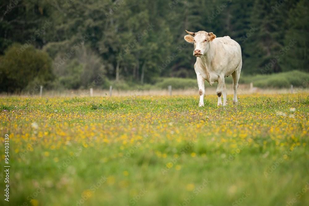 Obraz premium A white cow stands calmly in a grassy field dotted with wildflowers, surrounded by trees under a cloudy sky.