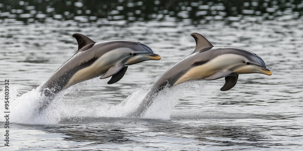 Fototapeta premium Two dolphins are leaping out of the water. Concept of freedom and joy as the dolphins playfully jump through the air