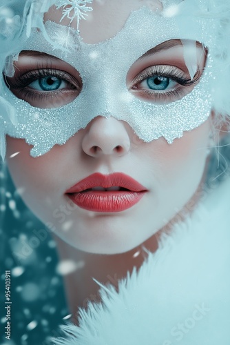 A woman wearing a white mask with snowflakes on it. The mask is white and has a blue and silver design. The image has a wintery and festive mood
