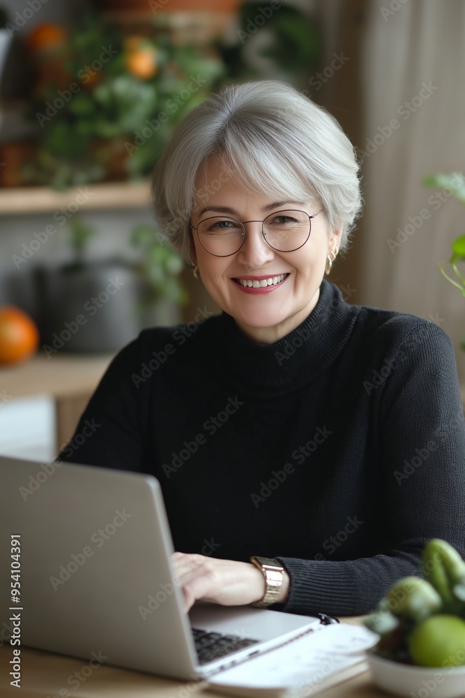 A woman is sitting at a table with a laptop in front of her. She is smiling and she is happy