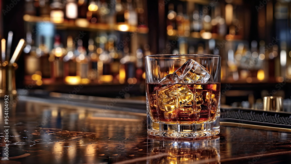 glass of whiskey on ice in a 5 star hotel bar in New York at night glass of whiskey on ice in a 5 star hotel bar in New York at night