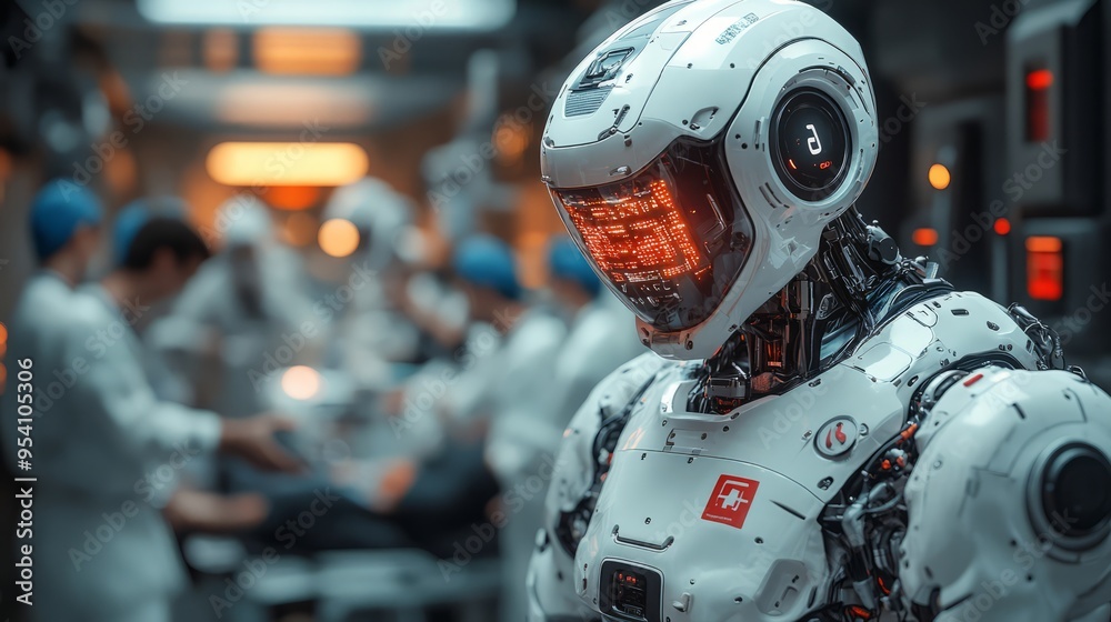 Advanced Robotics: A futuristic medical robot stands poised in an operating room, a symbol of technological advancement in healthcare. The robotic arm is ready for action. Advanced Robotics: A futuristic medical robot stands poised in an operating room, a symbol of technological advancement in healthcare. The robotic arm is ready for action.