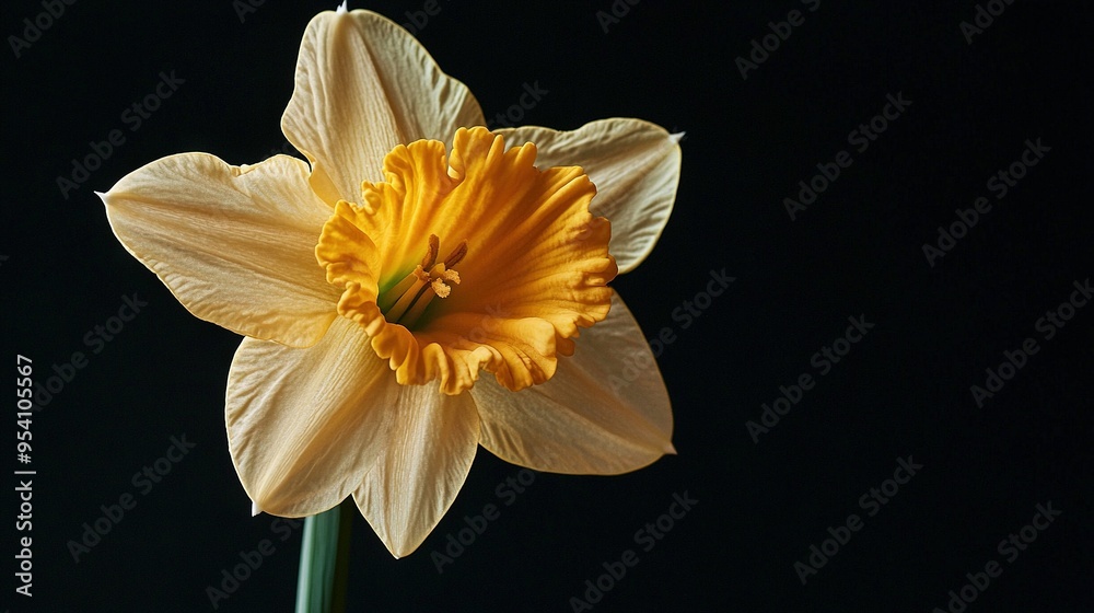Fototapeta premium Close-up of yellow flower on black background with green stems