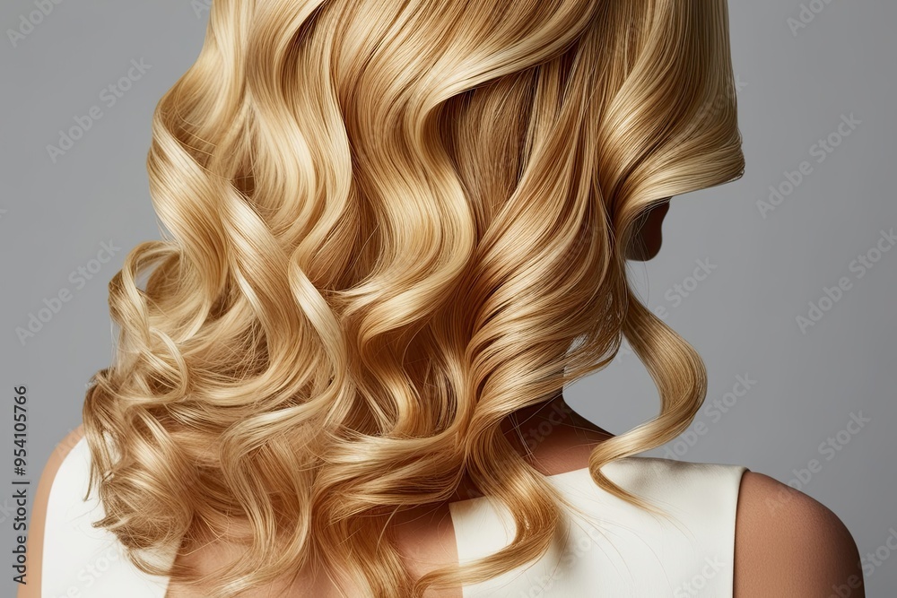 Fototapeta premium Honey Blonde Hair with Soft Waves and Rich Tones for Natural Style and Wellness Care