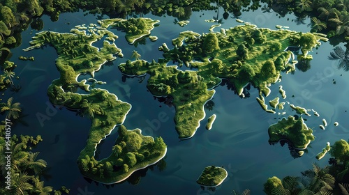 Aerial view of a world map made of lush green vegetation surrounded by water.