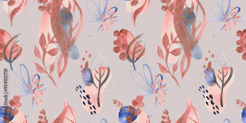 Seamless botanical pattern with gouache painted flowers and leaves flowers for textile design