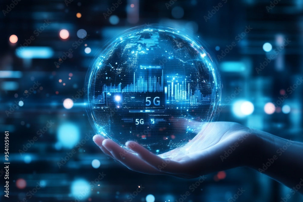 A hand holds a digital sphere with a 5G sign inside. A hand holds a digital sphere with a 5G sign inside.