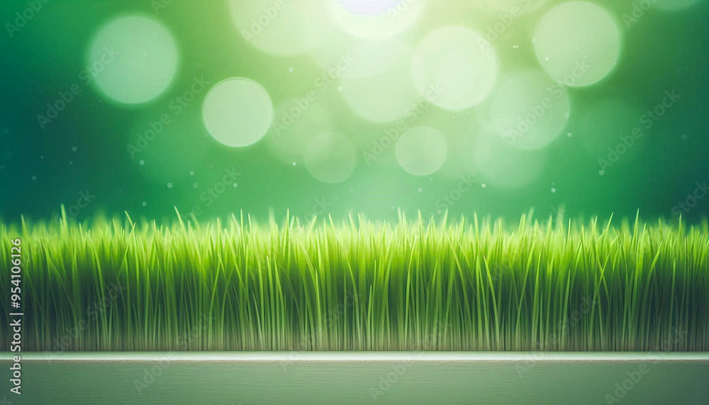 Fototapeta premium Fresh green grass front view in blur bokeh nature background in sunny summer day