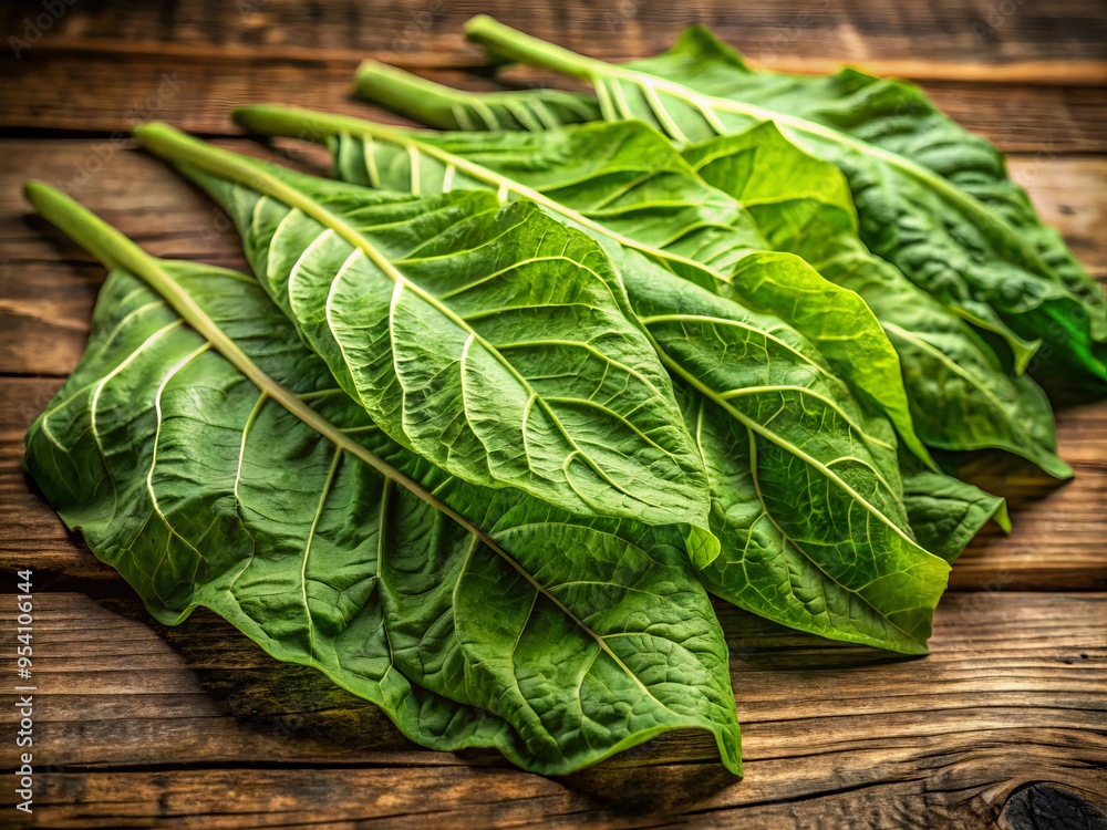 Fresh green tobacco leaves with wrinkled surfaces and serrated edges are neatly arranged on a rustic wooden background, Fresh green tobacco leaves with wrinkled surfaces and serrated edges are neatly arranged on a rustic wooden background,