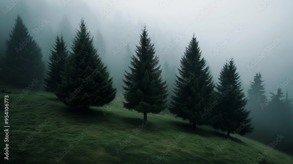 Fototapeta premium Foggy Green Pines in a Misty Forest