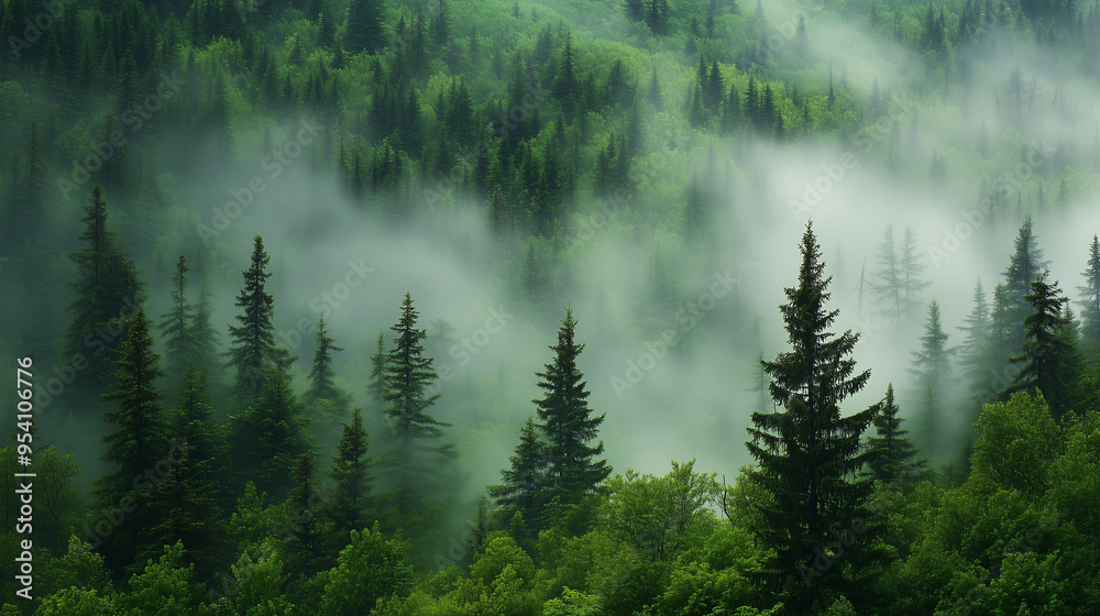 Foggy Green Pines in a Misty Forest