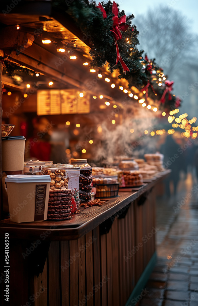 Christmas Market Stall with Steaming Hot Coffee and Sweets, Festive Lights Christmas Market Stall with Steaming Hot Coffee and Sweets, Festive Lights