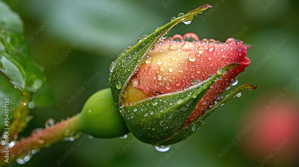 Close-up photo of a flower with droplets of water on its petals against a green leaf backdrop Close-up photo of a flower with droplets of water on its petals against a green leaf backdrop
