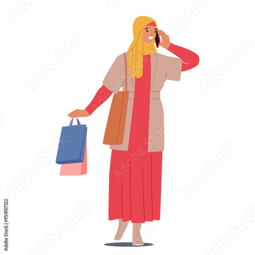 Muslim Woman In A Hijab Talking On The Phone While Carrying Shopping Bags. Cartoon Vector Illustration
