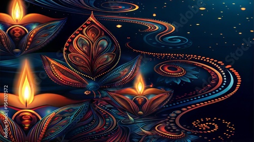 Vibrant Diwali Diyas with Swirling Patterns Against a Dark Night Sky photo