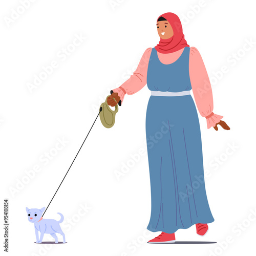 Smiling Muslim Woman In A Hijab, Dressed In Casual Attire, Walking A Small Dog On A Leash, Cartoon Vector Scene