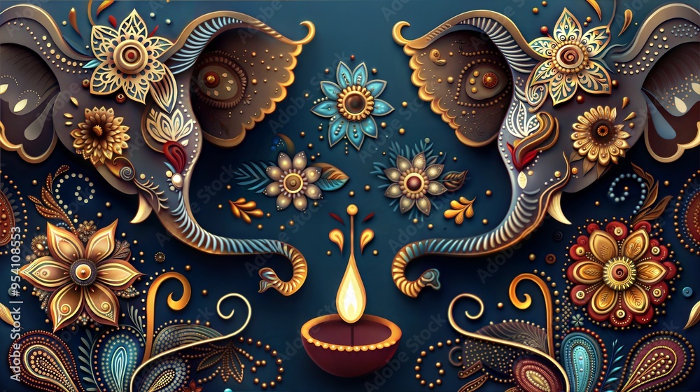 Fototapeta premium Intricate Diwali Artwork with Floral Patterns and Elephant Motifs in a Festive Indian Style