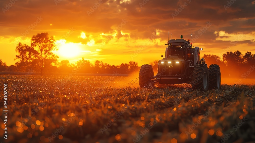 Fototapeta premium Tractor spraying herbicide working on agricultural field in evening against sunset in countryside