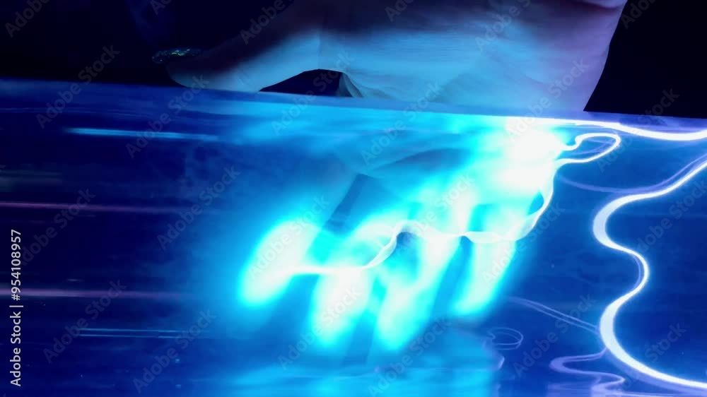 Blue neon gas discharge in transparent glass tube with hand on background