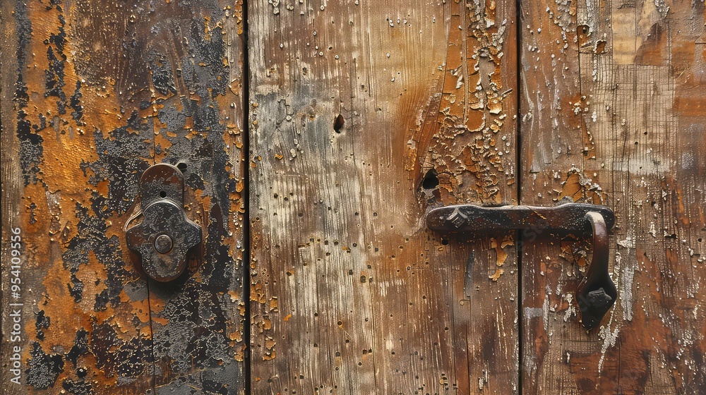 Weathered wooden door with peeling paint and two metal handles. Weathered wooden door with peeling paint and two metal handles.