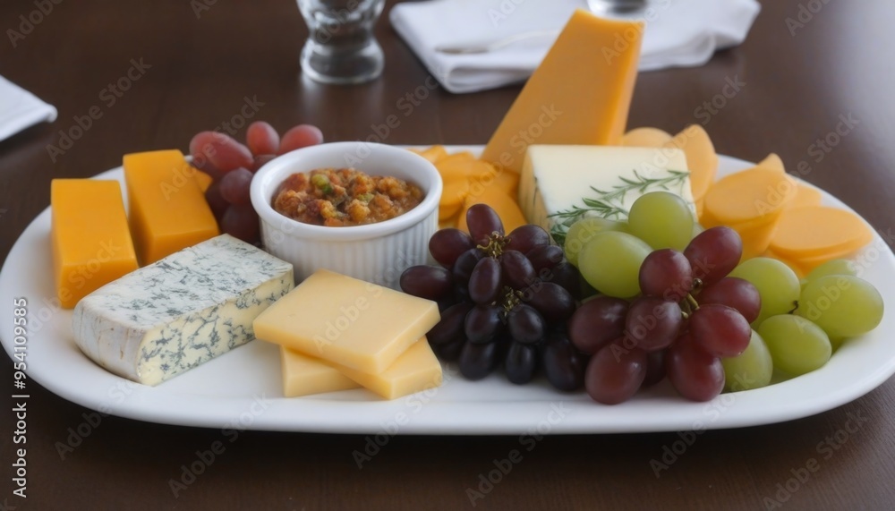 A cheese plate decorated with grapes and basil is an ideal option for a light dinner or picnic A cheese plate decorated with grapes and basil is an ideal option for a light dinner or picnic