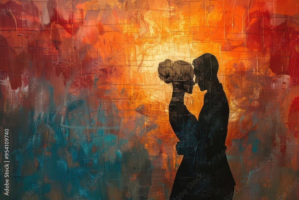 Obraz premium Silhouetted couple embracing against a colorful, textured wall, evoking emotions of love and intimacy.