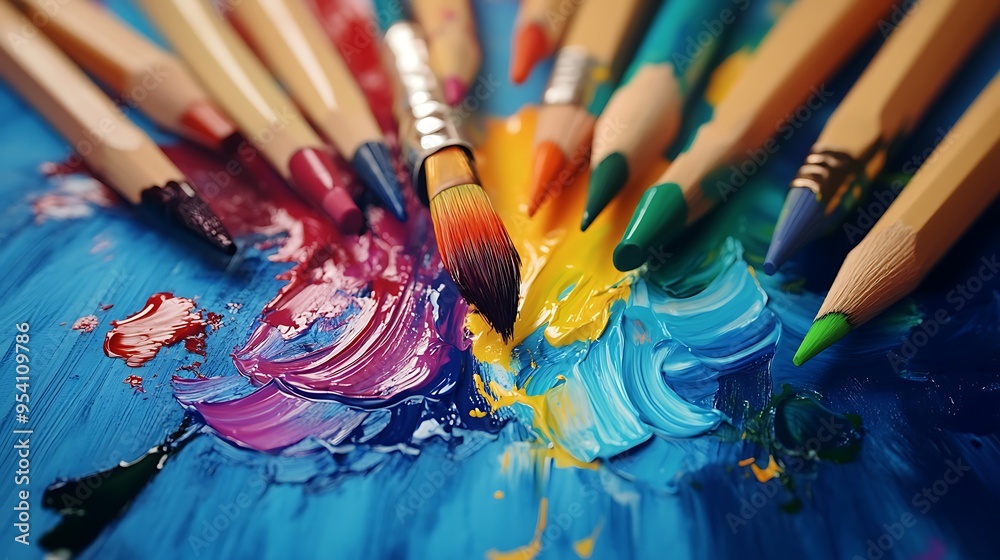 Obraz premium A Closeup of Paintbrushes and Colored Pencils on a Palette