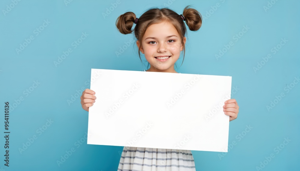A young girl holding a white board against a blue wall