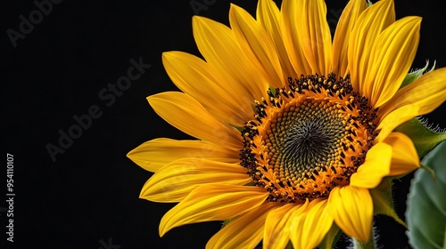  A close-up of a sunflower on a black background with the sun's center within the flower