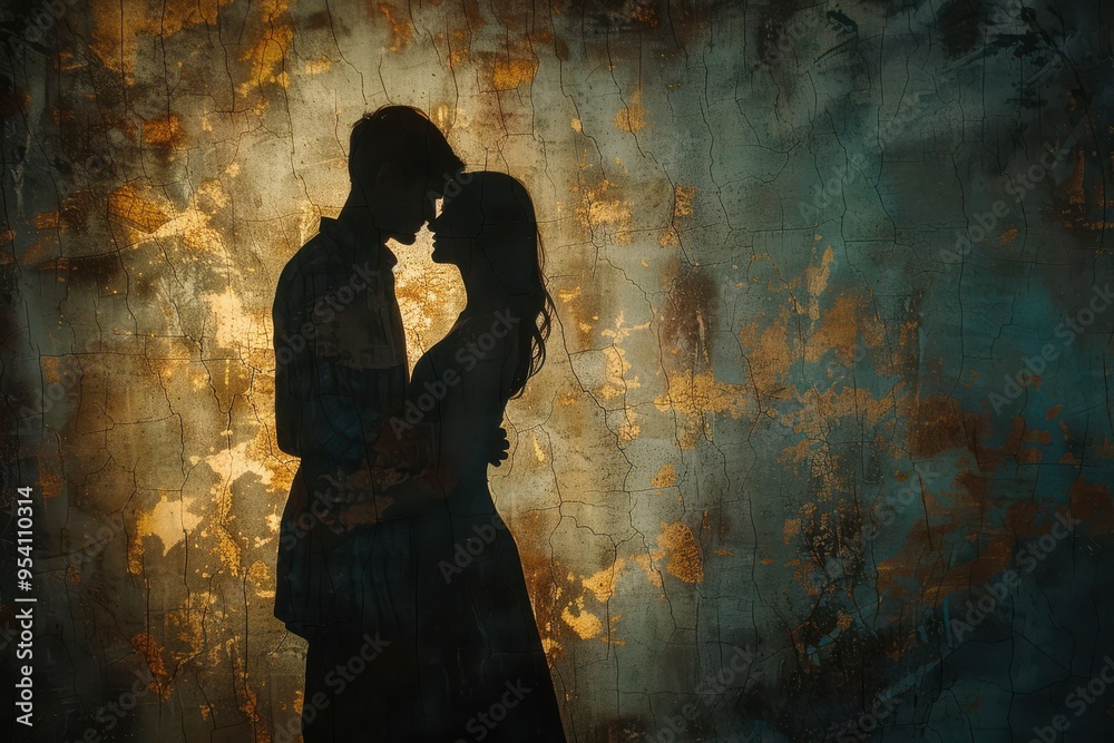 Silhouetted couple embracing against a colorful, textured wall, evoking emotions of love and intimacy. Silhouetted couple embracing against a colorful, textured wall, evoking emotions of love and intimacy.