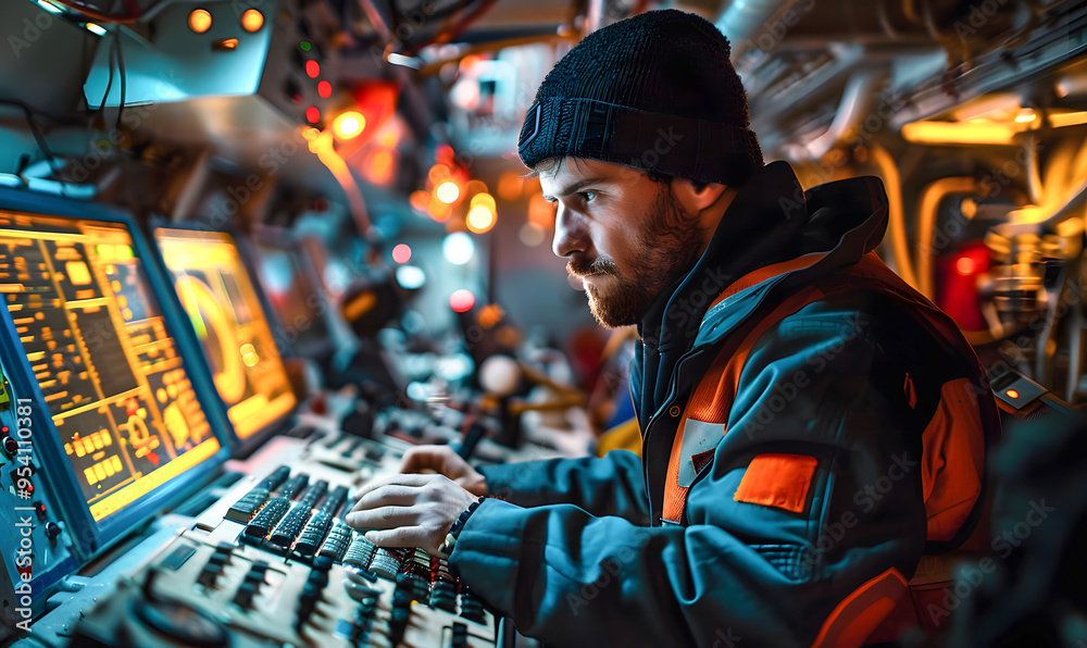 Worker at a control panel full of monitors and buttons in a high-tech environment, inside a mining center. Worker at a control panel full of monitors and buttons in a high-tech environment, inside a mining center.