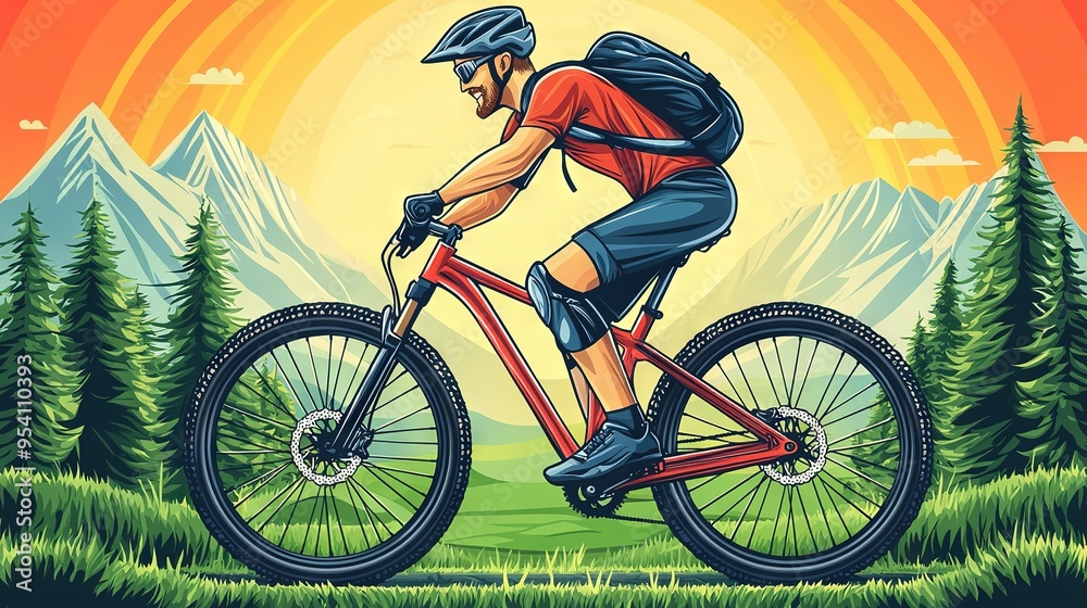 Fototapeta premium A man rides a bike on a green field beside tall pines in a forest