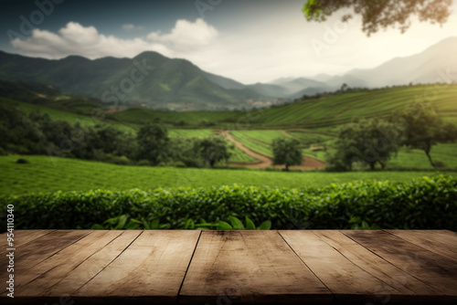 Empty wooden table in front of tea plantation background photo