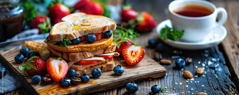 Cozy breakfast setup with a fresh sandwich, steaming coffee, and warm lighting on a rustic wooden table. Cozy breakfast setup with a fresh sandwich, steaming coffee, and warm lighting on a rustic wooden table.