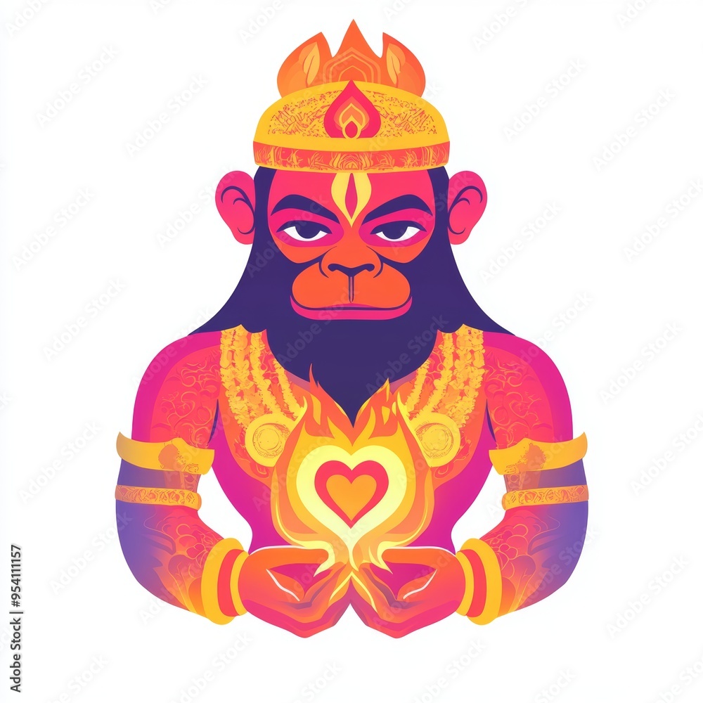 A colorful illustration of a hanuman holding a glowing heart. A colorful illustration of a hanuman holding a glowing heart.