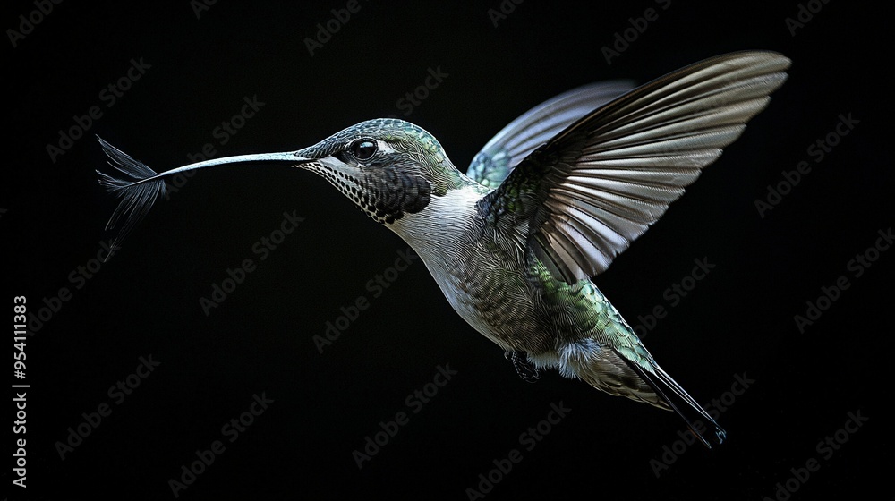 Fototapeta premium A hummingbird gracefully glides in mid-air, wings fully spread and beak pointed downward
