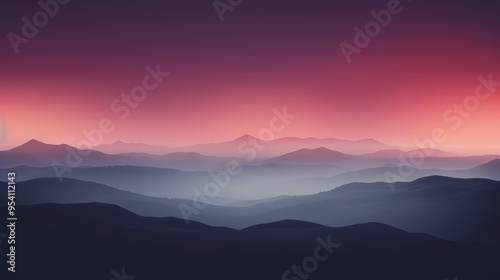 A serene digital landscape featuring layered mountains under a gradient sky at sunset.