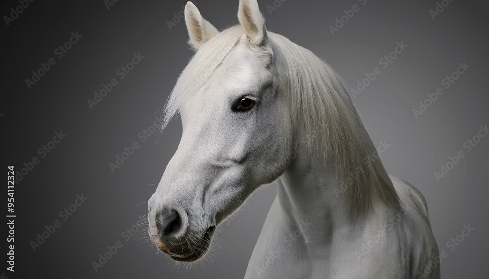 A realistic horse head model with detailed white fur texture, facing the camera and well lit, against a dark grey background. A realistic horse head model with detailed white fur texture, facing the camera and well lit, against a dark grey background.