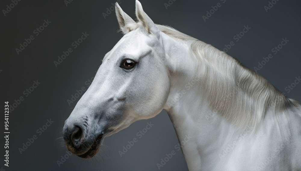 A realistic horse head model with detailed white fur texture, facing the camera and well lit, against a dark grey background. A realistic horse head model with detailed white fur texture, facing the camera and well lit, against a dark grey background.