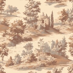 Papier peint photo Paysage patrons Toile de Jouy campagne sépia vintage  © seelya