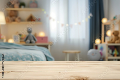 Empty wooden table, desk or shelf with blurred view of modern children bedroom