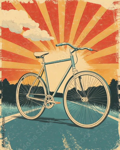 Retro vintage bicycle illustration with sunburst background in bold orange and blue tones photo