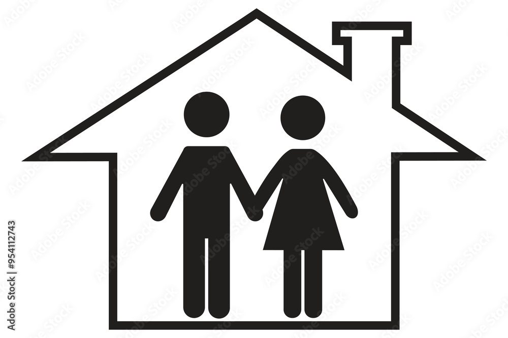 Silhouette family icon and house. Man and Woman. Conceptual vector illustration on white background. Silhouette family icon and house. Man and Woman. Conceptual vector illustration on white background.