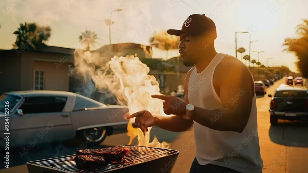West coast rapper grilling meats and rapping on street