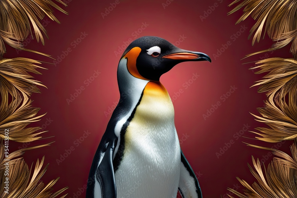Naklejka premium Elegant Couture Penguin in Striking Background for Innovative Animal Concept Design