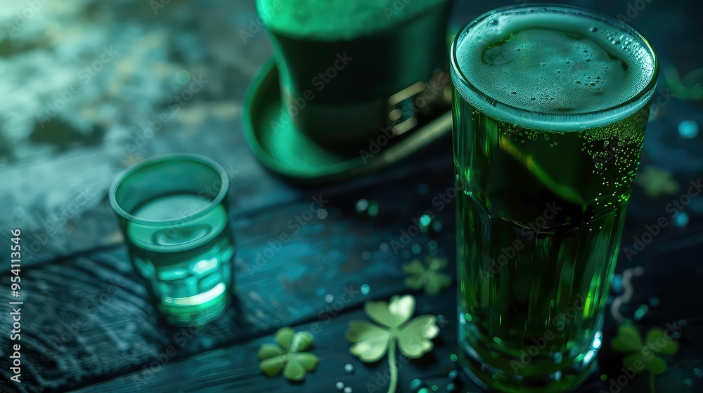 A tall glass of green beer with a shot glass and clover leaves on a dark wooden background.