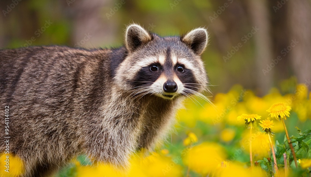 A raccoon in front of yellow flowers in the forest.