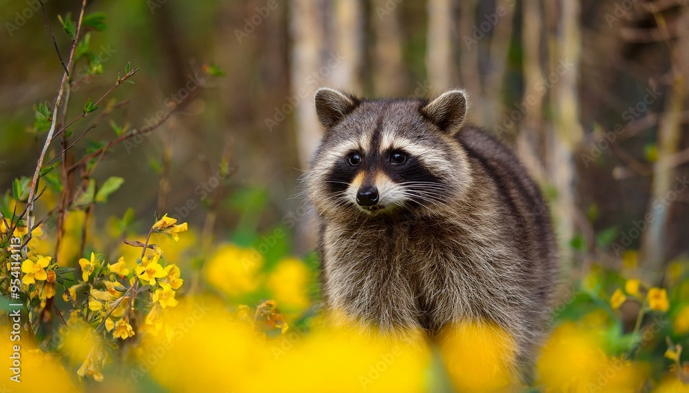 A raccoon in front of yellow flowers in the forest.