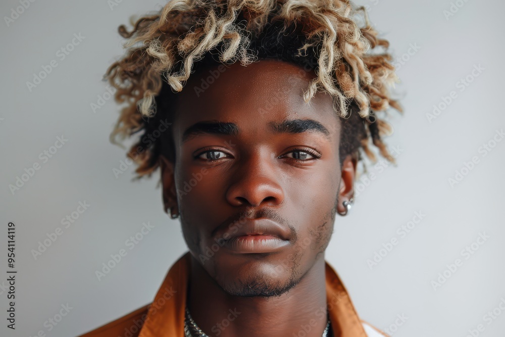 Portrait of a young African American man with stylish blonde hair, wearing a leather jacket against a plain background. Portrait of a young African American man with stylish blonde hair, wearing a leather jacket against a plain background.