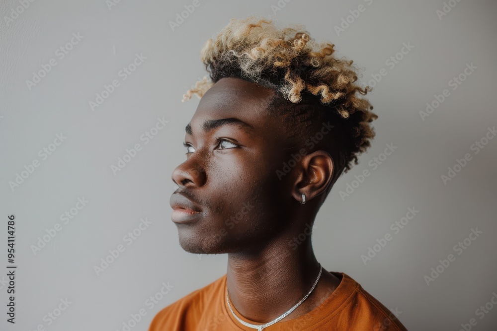 Portrait of a young African American man with stylish blonde hair, wearing a leather jacket against a plain background. Portrait of a young African American man with stylish blonde hair, wearing a leather jacket against a plain background.